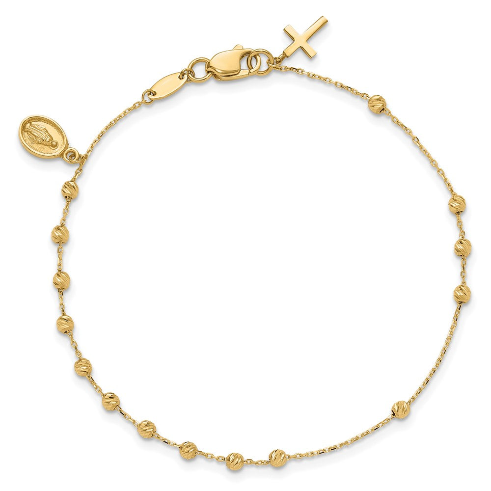 14K Polished and Diamond-cut Virgin Mary Medal and Cross Rosary Design Brace