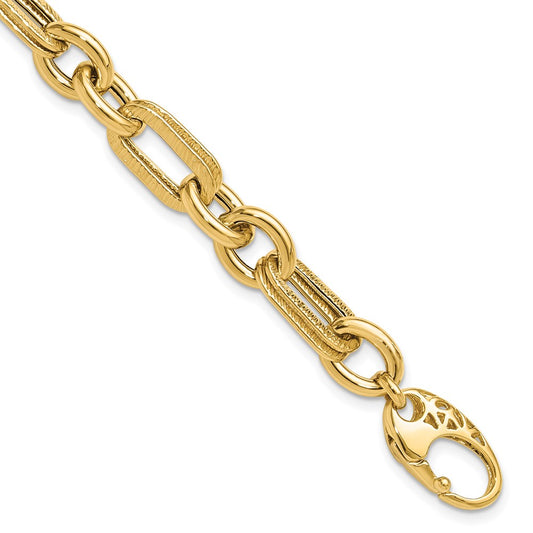 14K Polished and Textured Fancy Link Bracelet