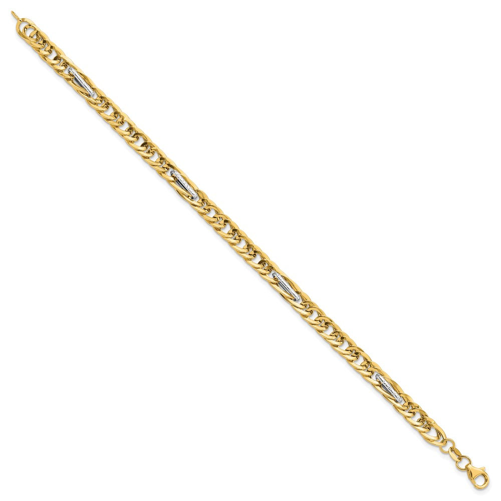 14k w/White Rhodium Polished Textured Fancy Link Bracelet