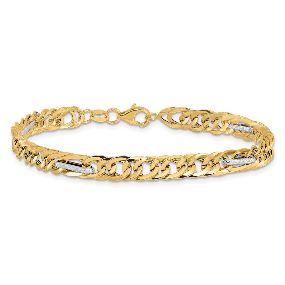 14k w/White Rhodium Polished Textured Fancy Link Bracelet