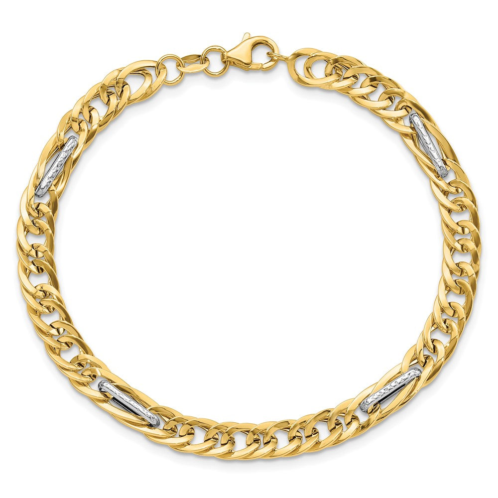 14k w/White Rhodium Polished Textured Fancy Link Bracelet