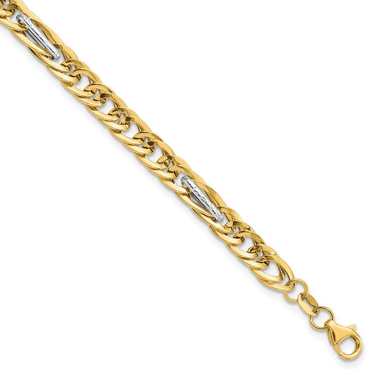 14k w/White Rhodium Polished Textured Fancy Link Bracelet