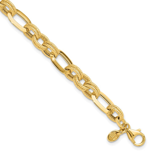 14K Polished and Textured Fancy Link Bracelet