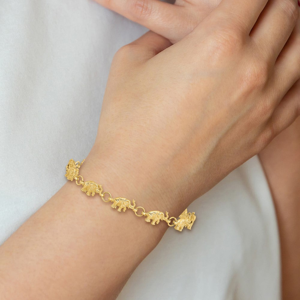 14k 8in Diamond-cut Small Elephants with Trunks Raised Bracelet