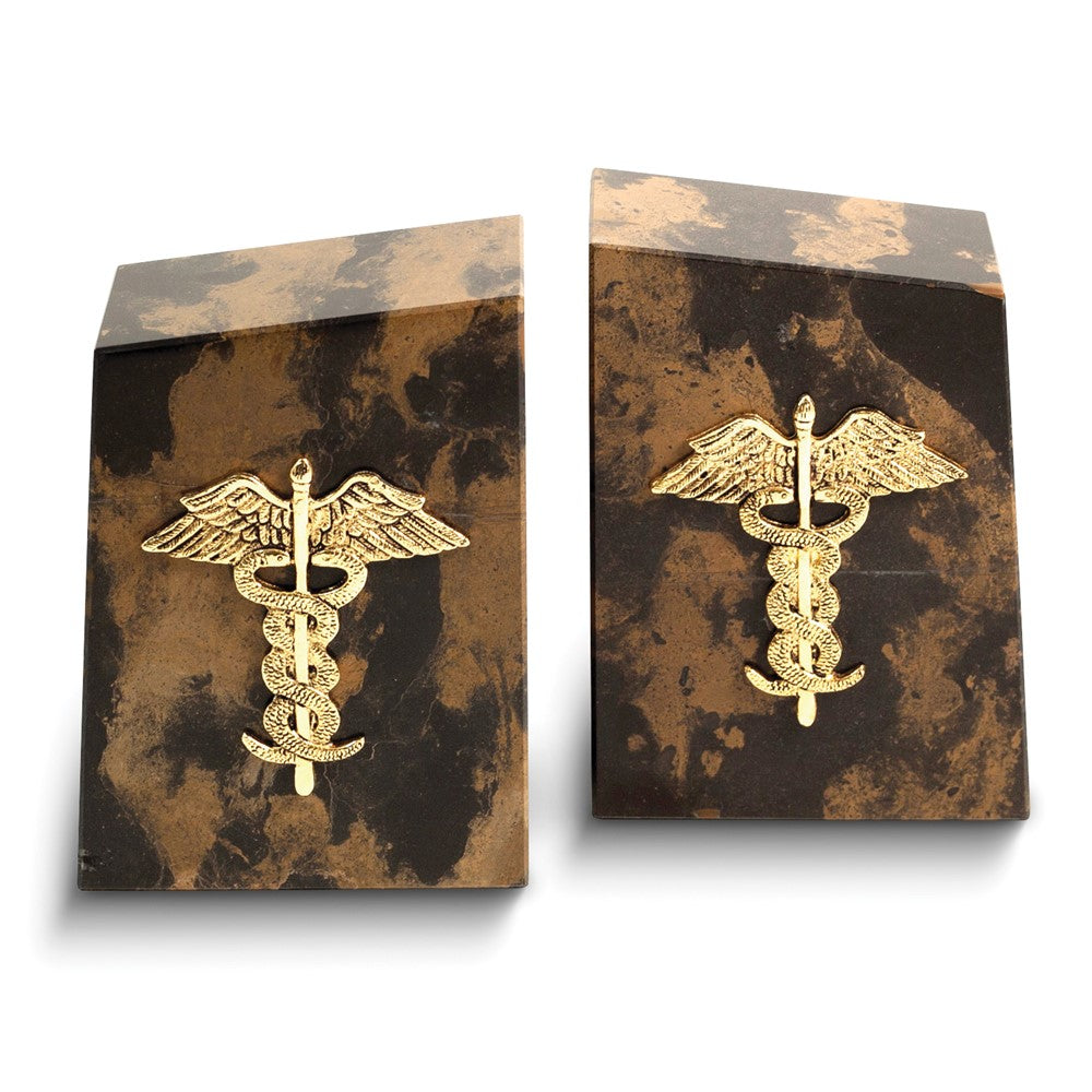 Set of 2 Gold-plated Medical Emblem Tiger Eye Marble Bookends