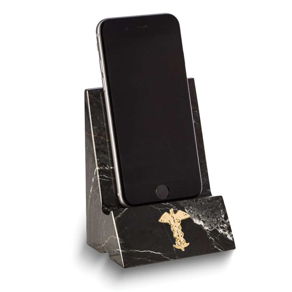 Black Zebra Marble Desktop Phone/Tablet Cradle with Gold-tone Medical Insignia and Pass-thru Charging Hole
