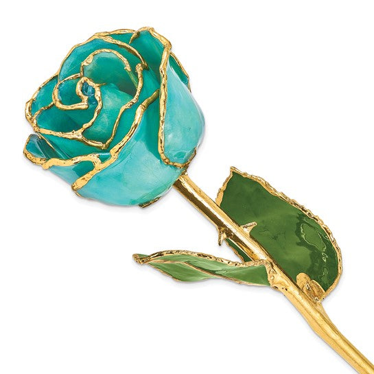 Lacquer Dipped Gold Trimmed Aqua Green Opalescent Real Rose