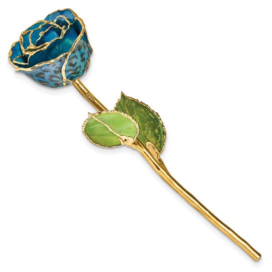 Lacquer Dipped Gold Trimmed Black and Blue Leopard Real Rose