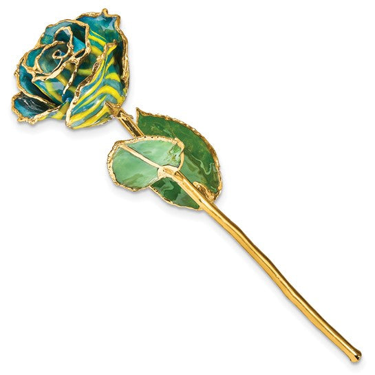 Lacquer Dipped Gold Trimmed Yellow and Blue Zebra Real Rose