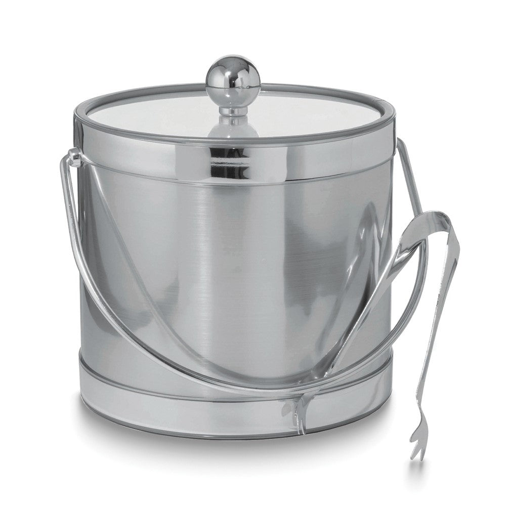 Silver Metallic Mylar Double Wall Insulated Three Quart Ice Bucket with Stainless Steel Tongs