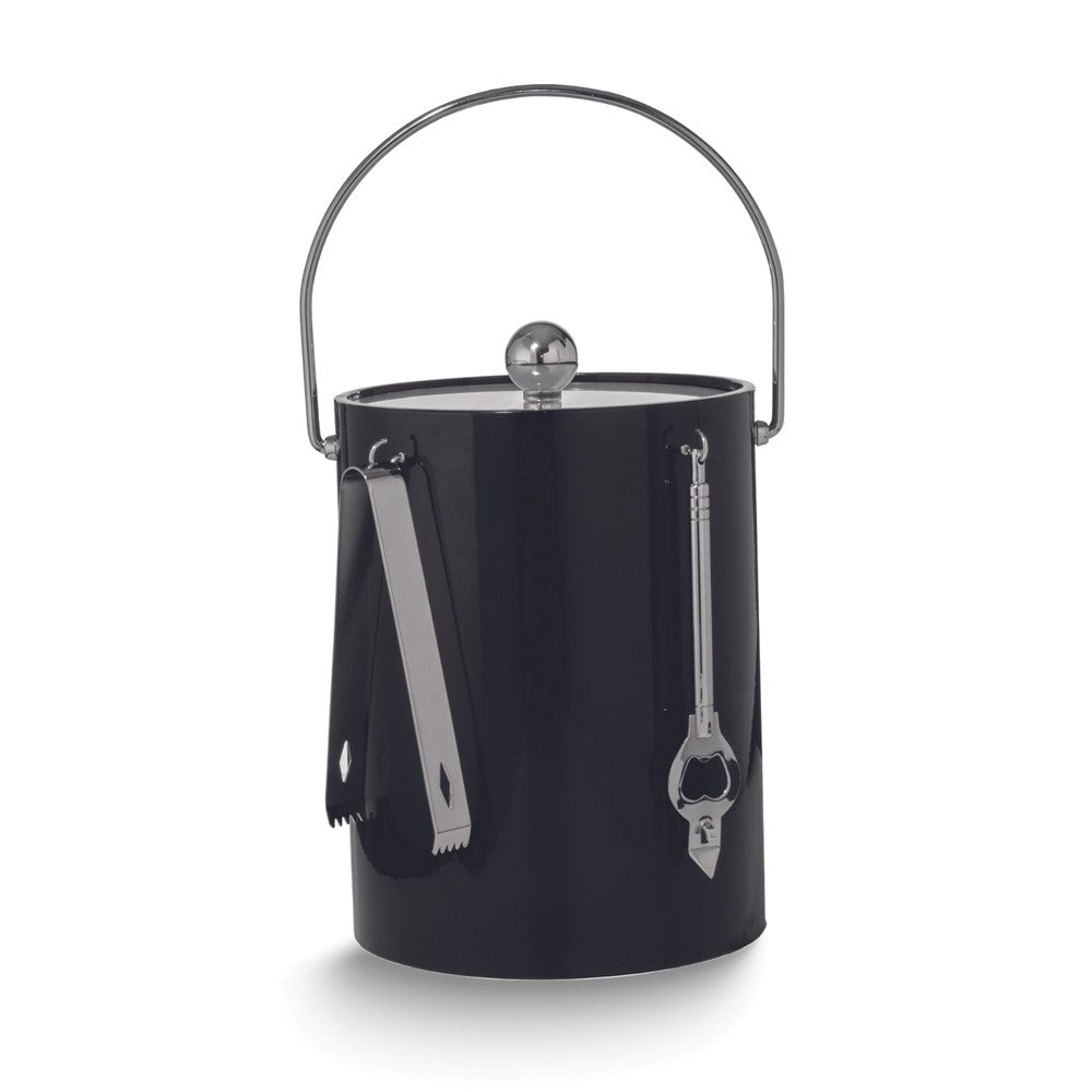 Black Mylar Double Wall Insulated Five Quart Ice Bucket with Stainless Steel Tongs