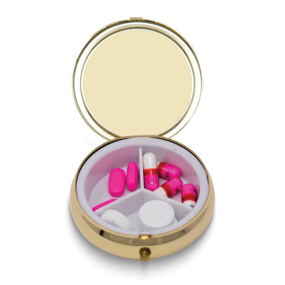 Gold-tone Mirrored Round Pillbox with Plastic Divider