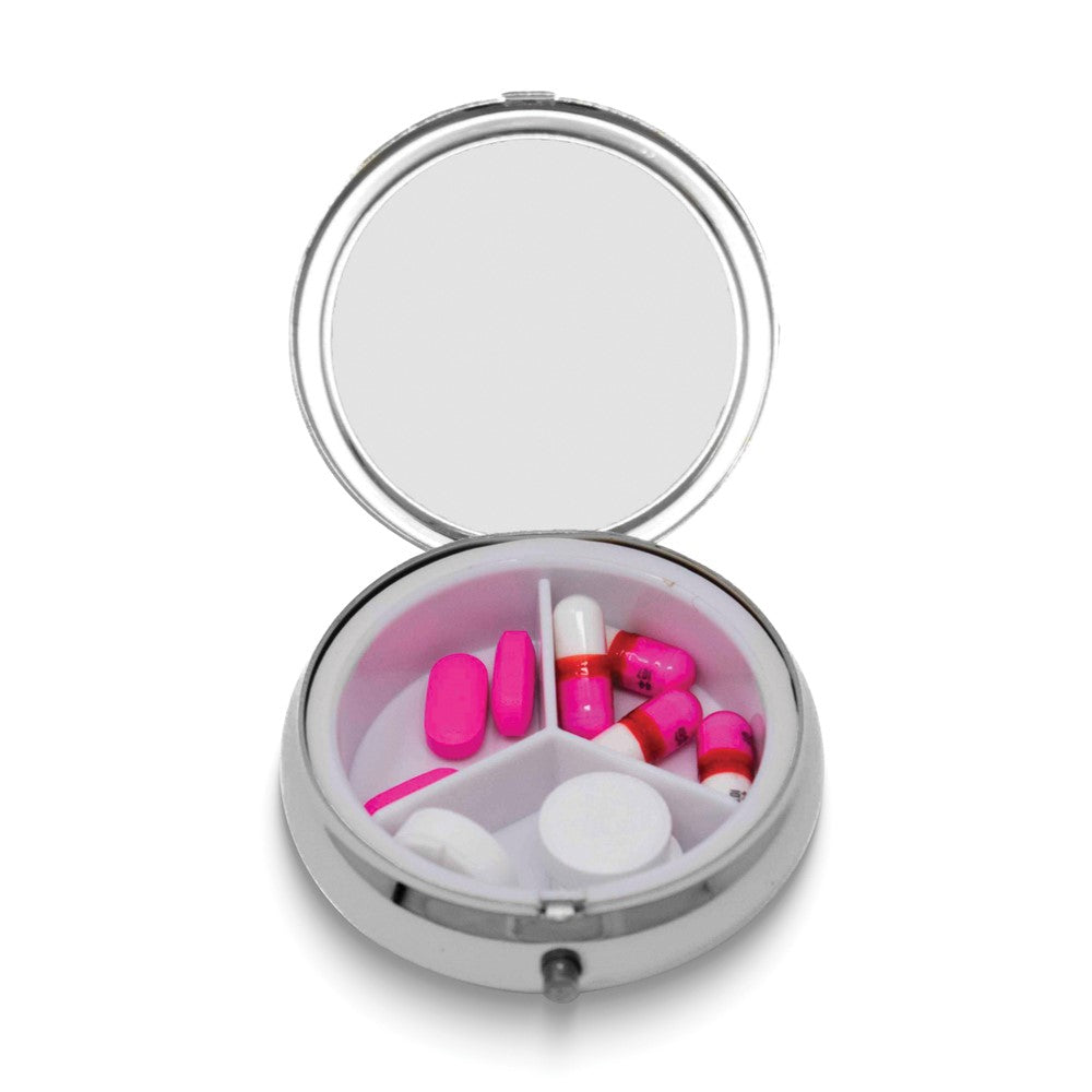 Silver-tone Mirrored Round Pillbox with Plastic Divider