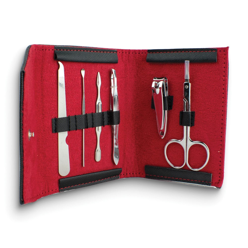 Six Piece Stainless Steel Manicure Set in Black Faux Leather Case