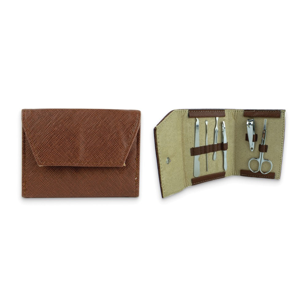 Six Piece Stainless Steel Manicure Set in Brown Faux Leather Case