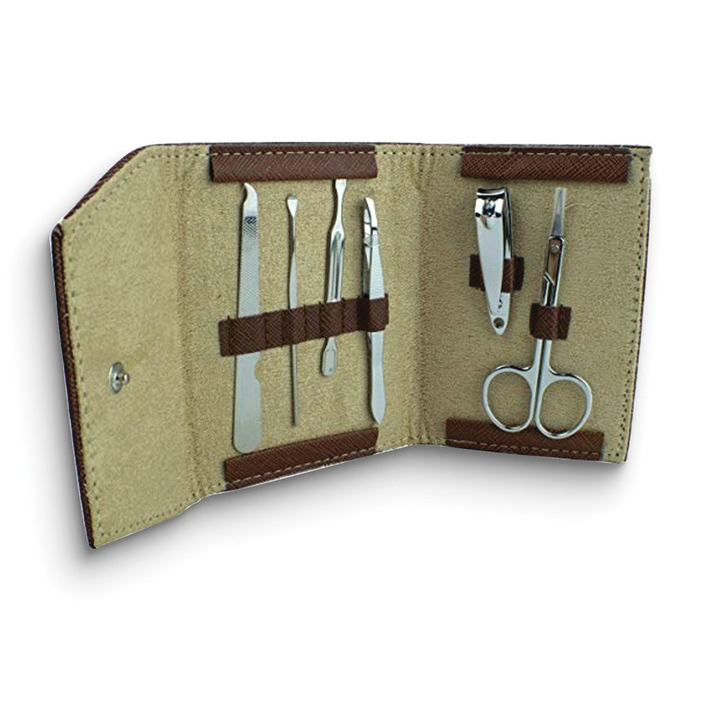 Six Piece Stainless Steel Manicure Set in Brown Faux Leather Case