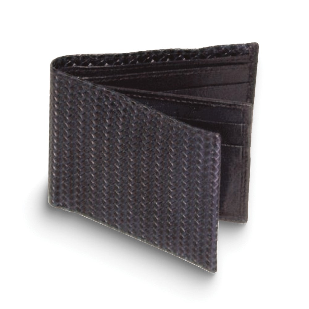 Black Cowhide Woven Leather Bi-fold Wallet with Four Card Slots and ID Slot