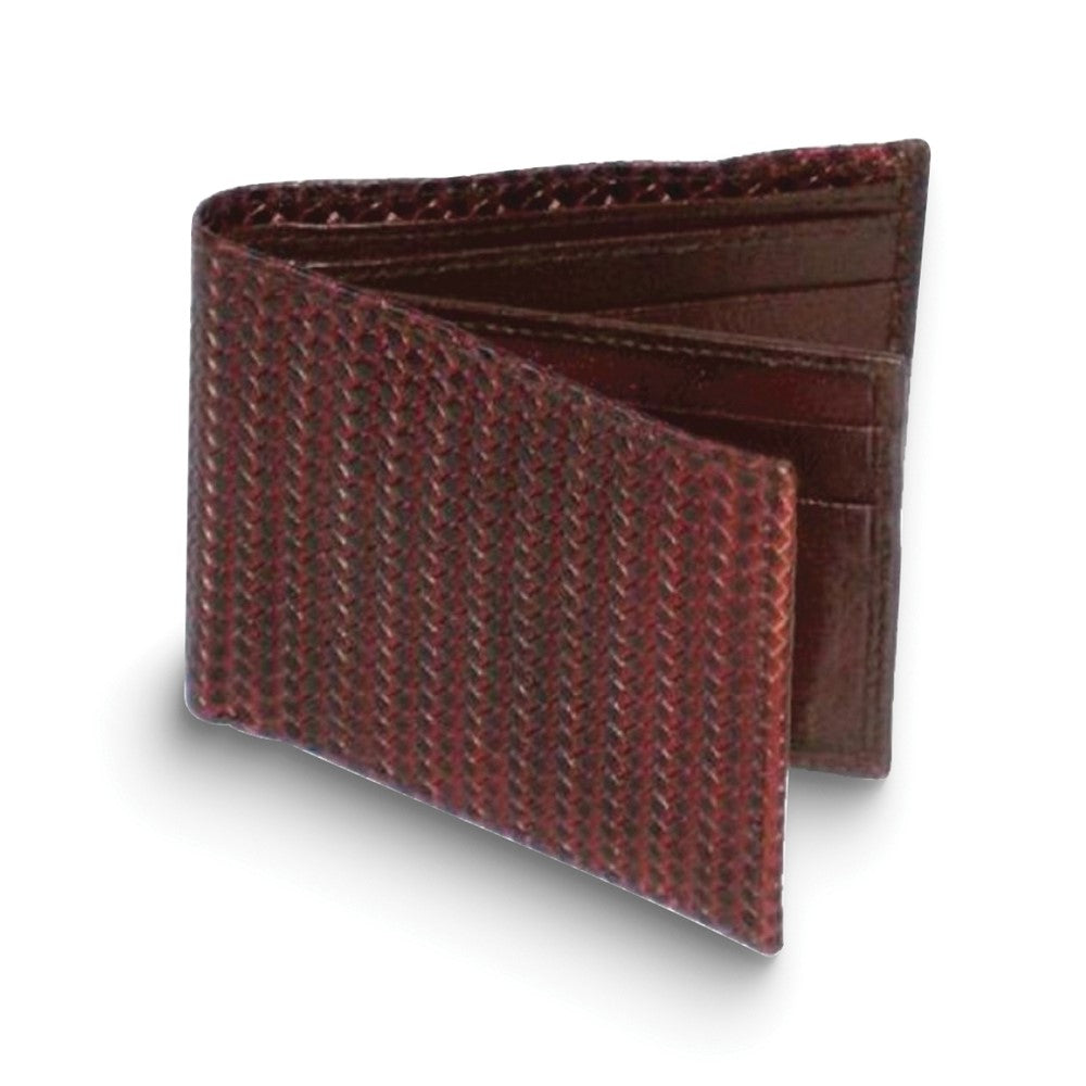 Brown Cowhide Woven Leather Bi-fold Wallet with Four Card Slots and ID Slot