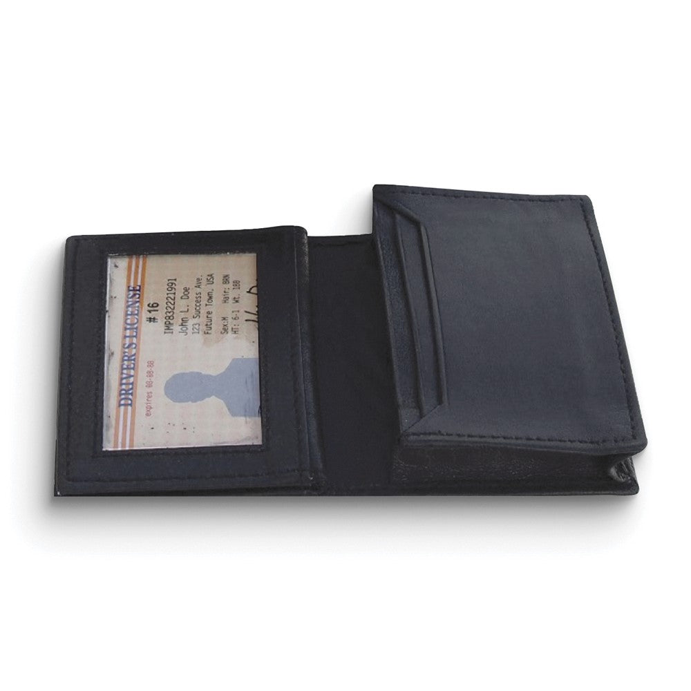 Black Cowhide Smooth Leather ID Case Wallet with Three Card Slots and ID Window