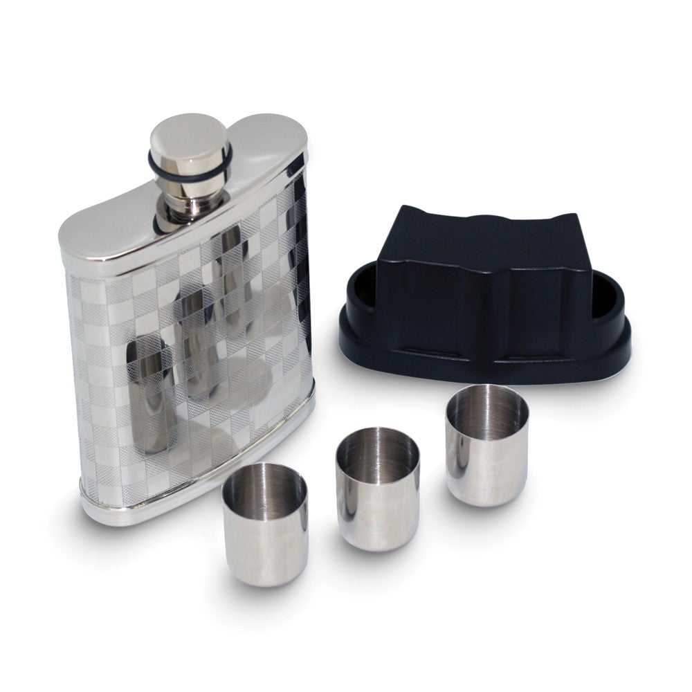 Stainless Steel Checkered 7 ounce Flask with Three Shot Glasses