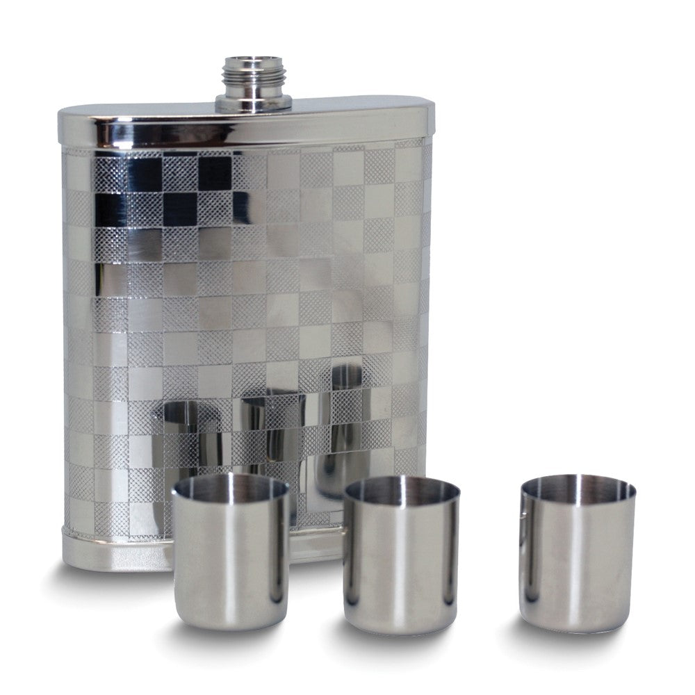 Stainless Steel Checkered 7 ounce Flask with Three Shot Glasses