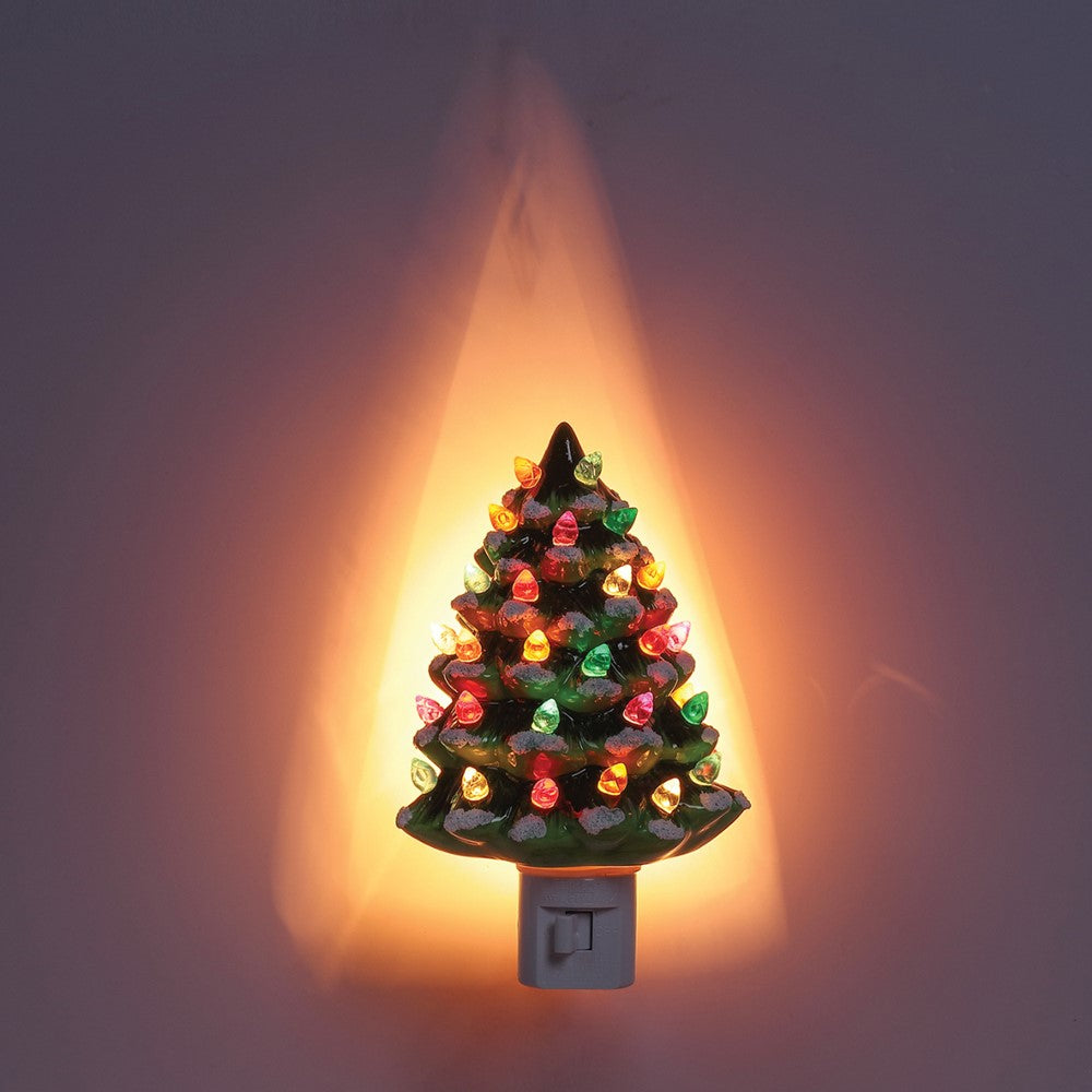 Hand-painted Ceramic Vintage Christmas Tree with Lights Plug In Night Light