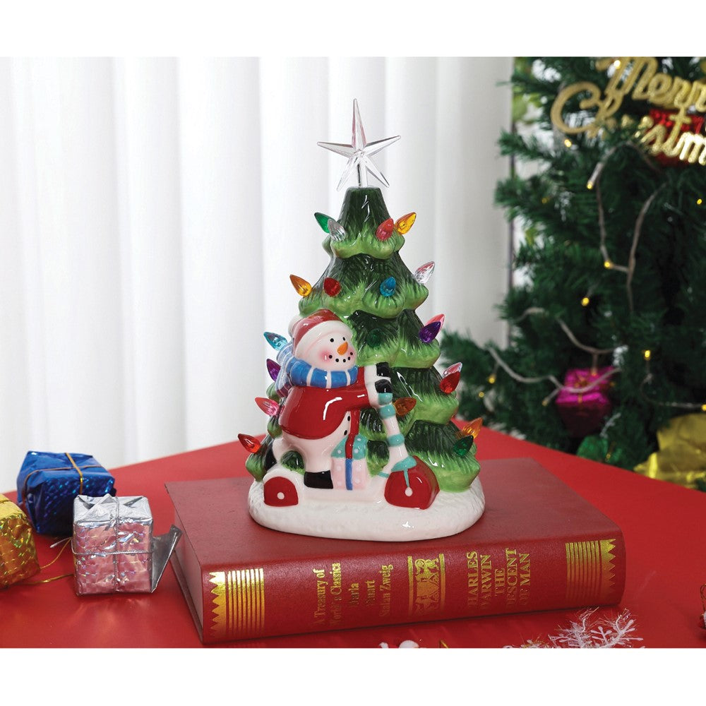 LED Lighted Hand-painted Ceramic Christmas Tree with Snowman
