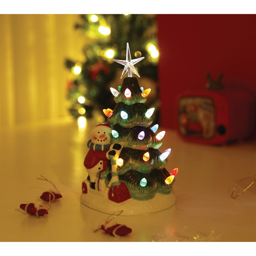 LED Lighted Hand-painted Ceramic Christmas Tree with Snowman