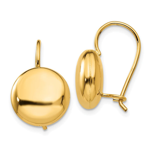 14k Polished 12mm Button Kidney Wire Earrings