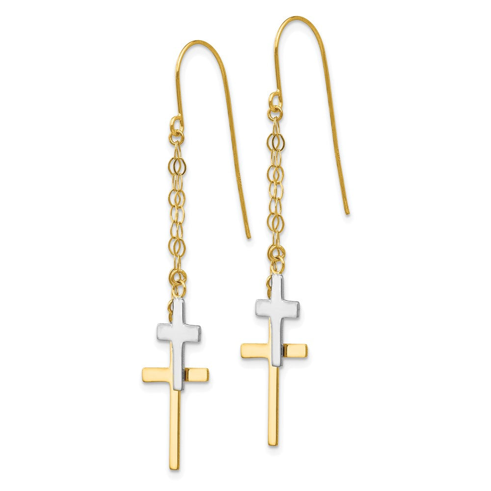 14K Two-tone Chain Dangle Cross Shepherd Hook Earrings