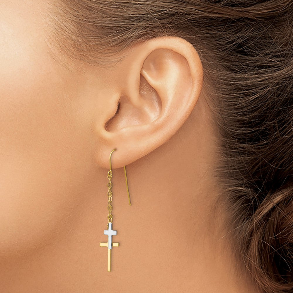14K Two-tone Chain Dangle Cross Shepherd Hook Earrings