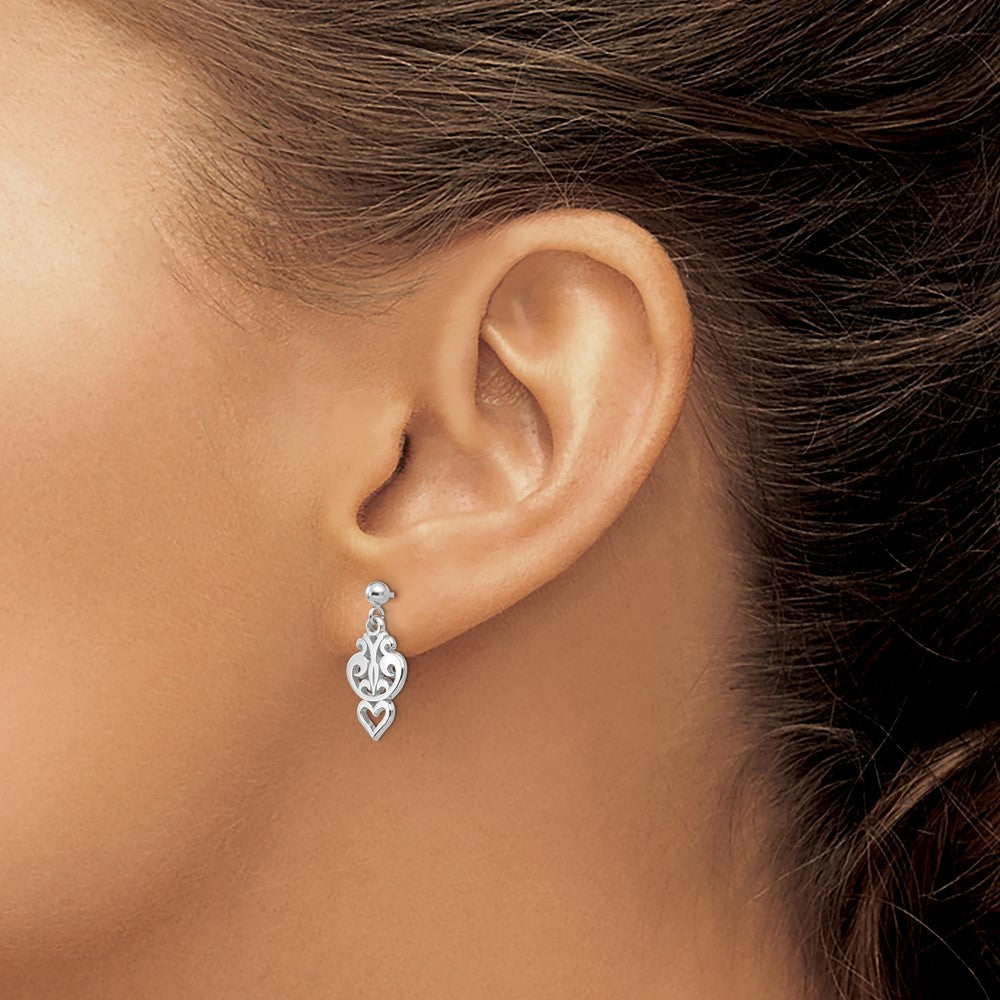 14k White Gold Filigree Heart Dangle Earrings