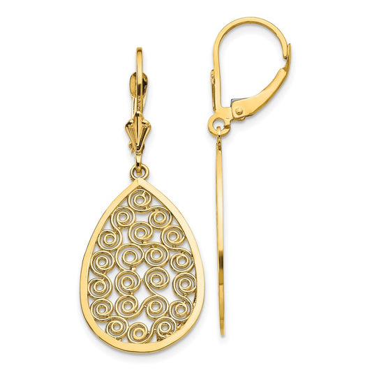 14k Teardrop Filigree Dangle Leverback Earrings