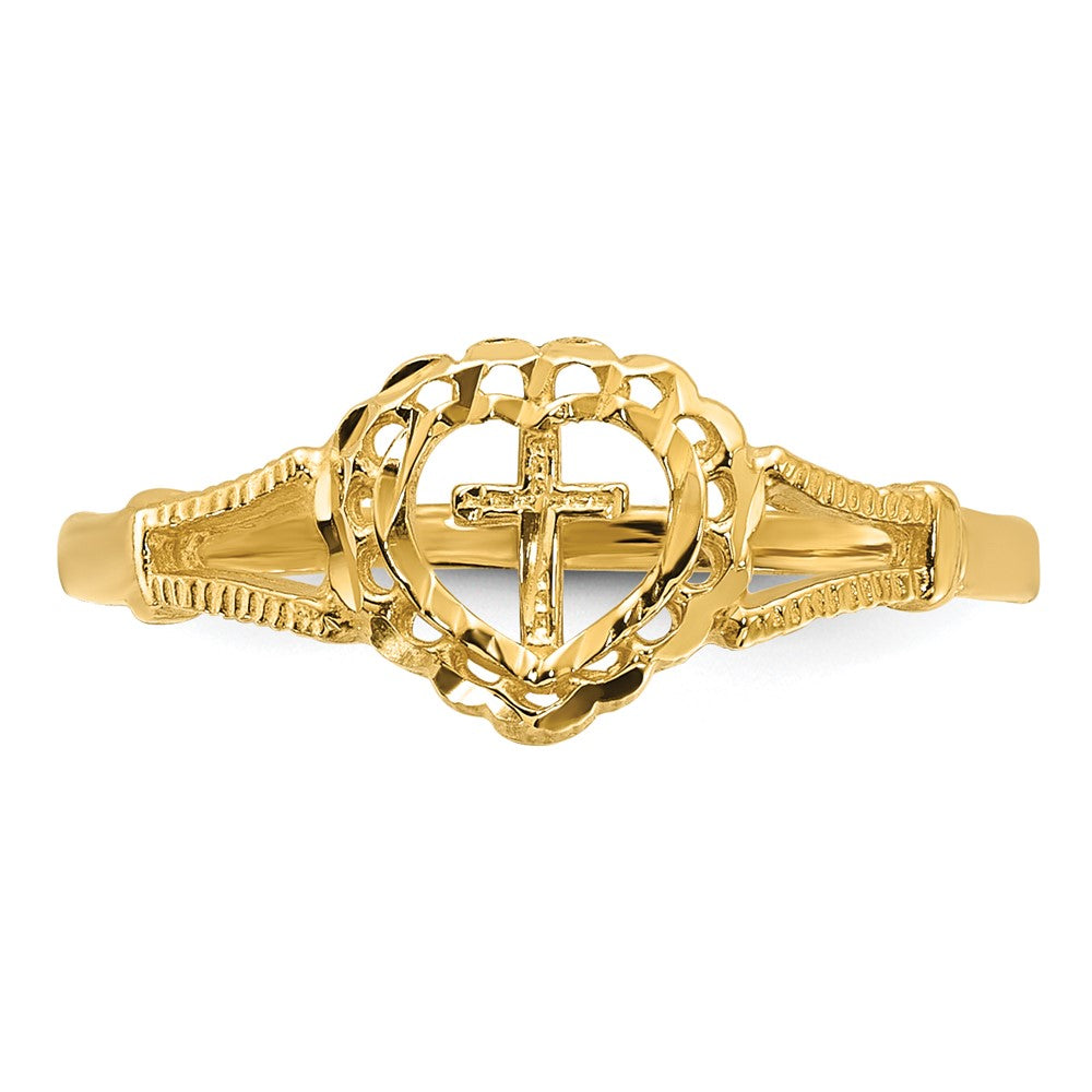 14K Diamond-Cut Heart & Cross Ring