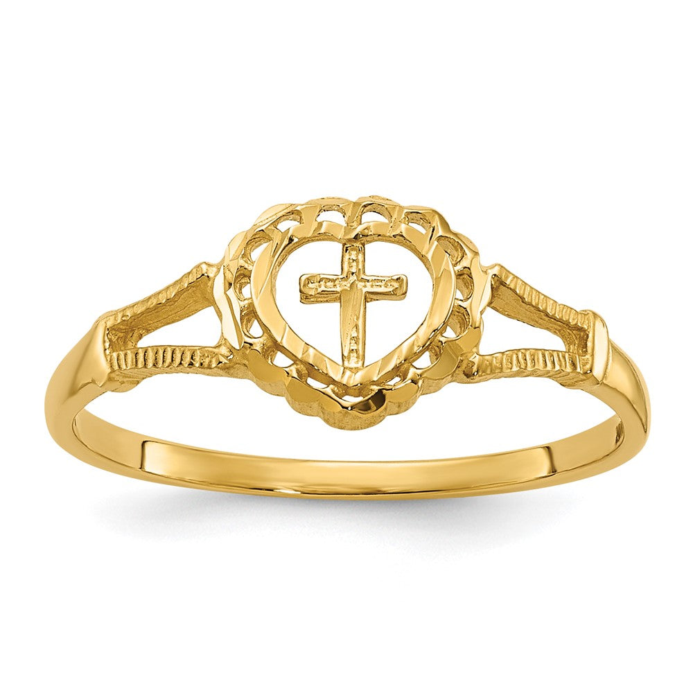 14K Diamond-Cut Heart & Cross Ring