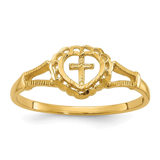 14K Diamond-Cut Heart & Cross Ring