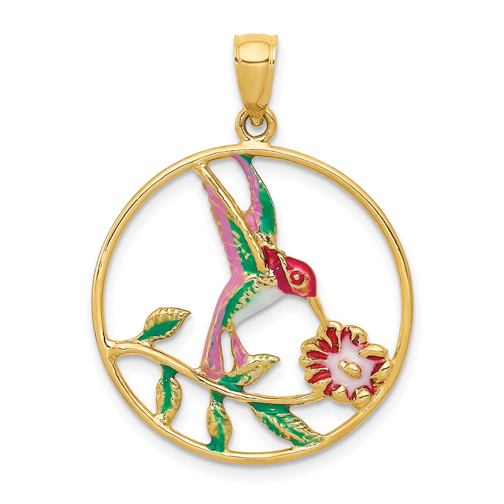 14k Yellow Gold Enameled Hummingbird and Flower in Circle Pendant