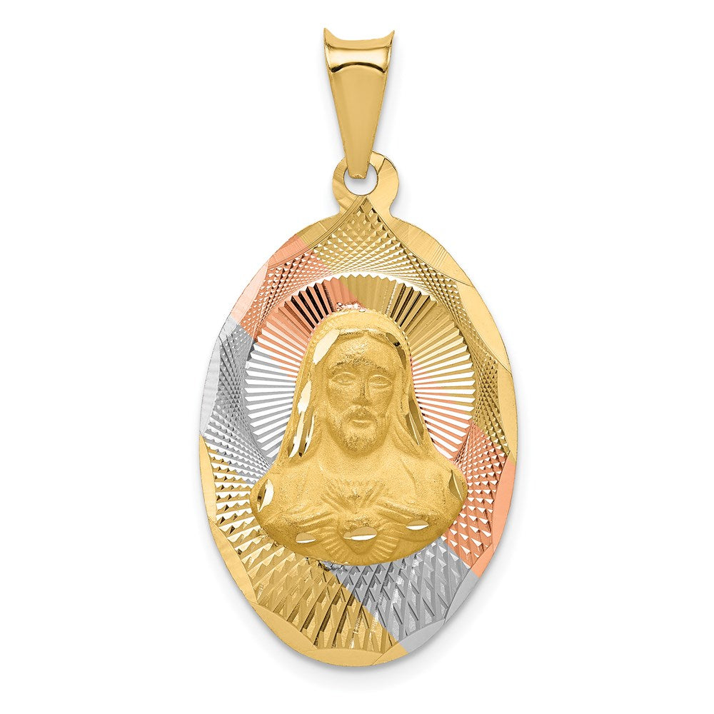 14K w/Rose and White Rhodium D/C Sagrado Corazon Oval Pendant