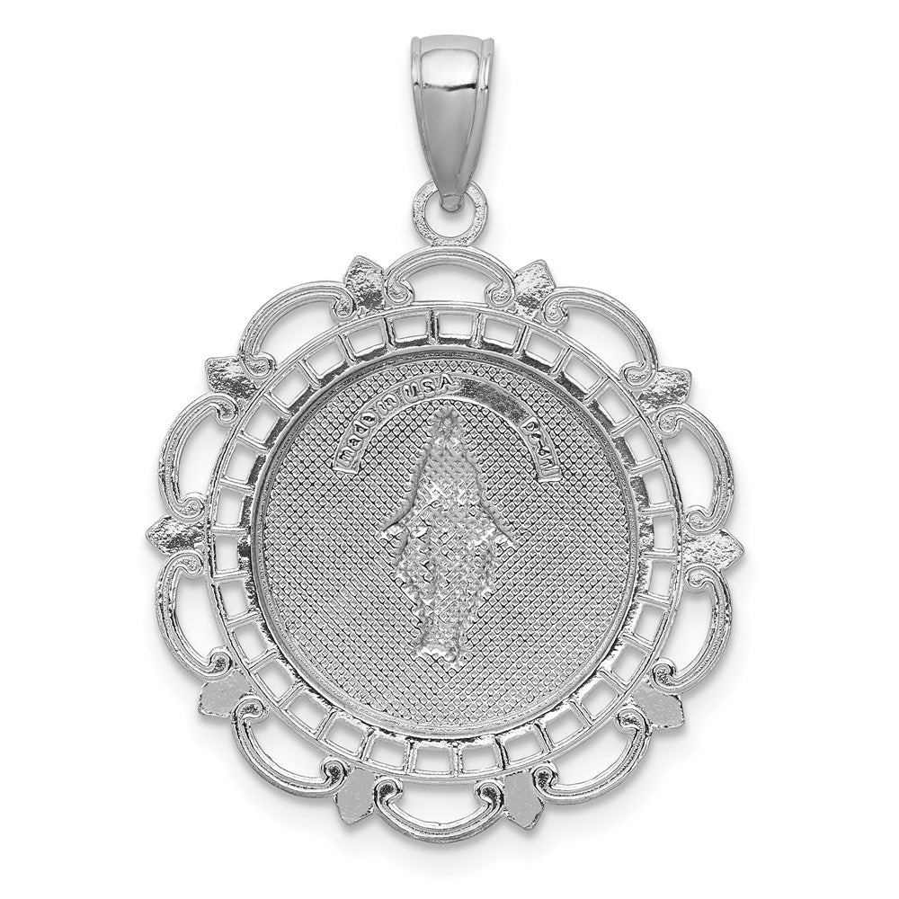 14K White Gold Virgin Mary Medal With Scallop Frame Pendant