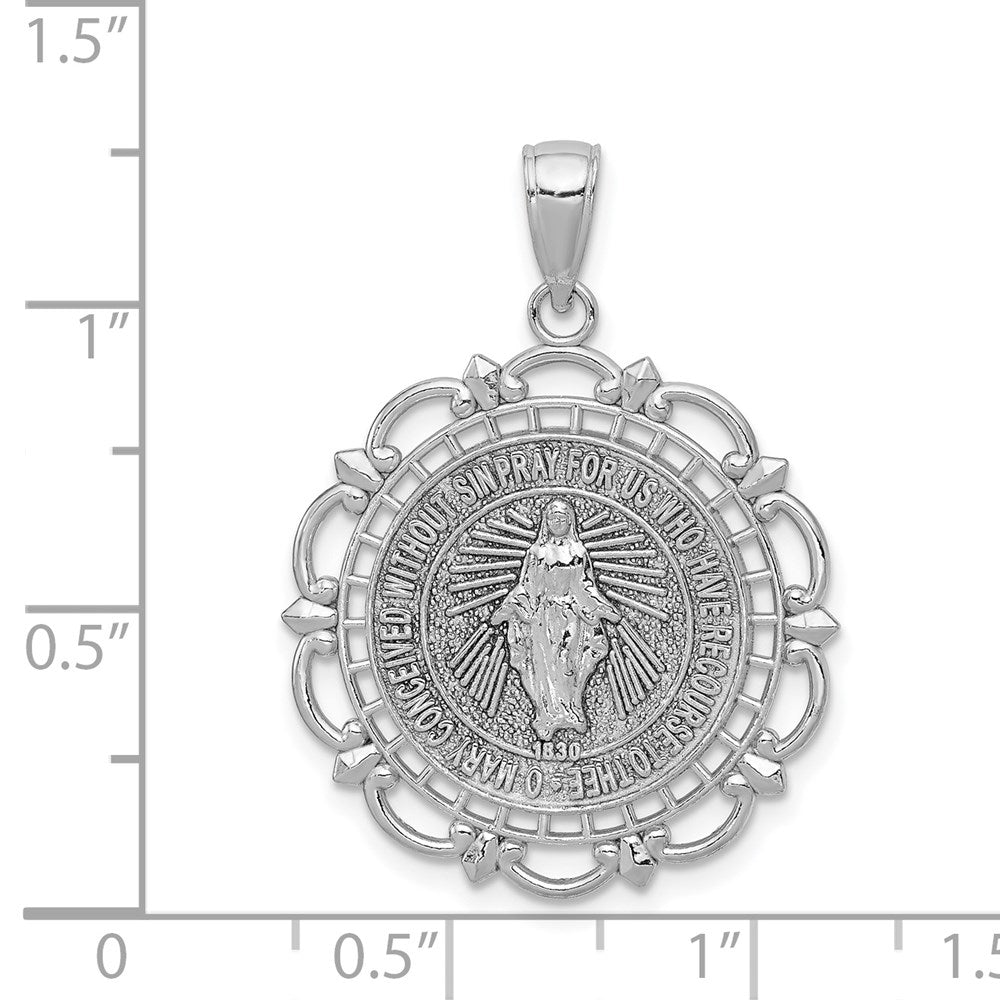 14K White Gold Virgin Mary Medal With Scallop Frame Pendant