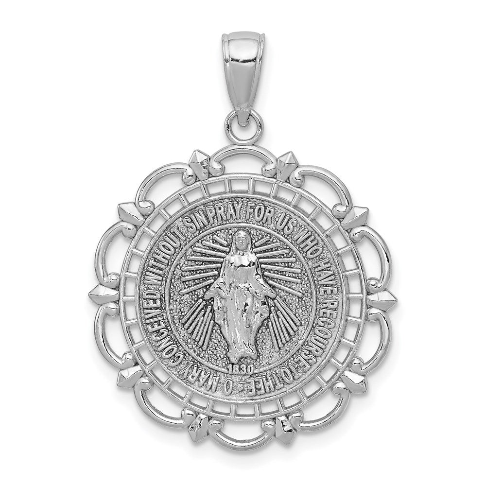 14K White Gold Virgin Mary Medal With Scallop Frame Pendant