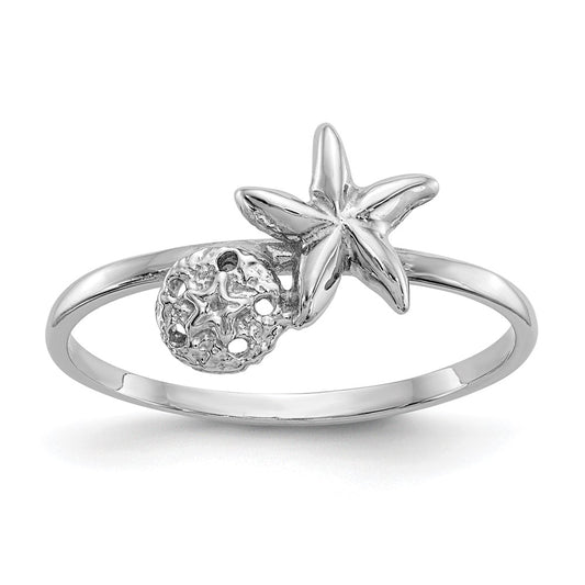 14k White Gold Polished Starfish & Sand Dollar Ring