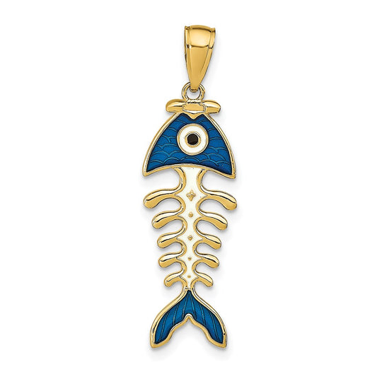 14k 3D  Blue Enamel Fish Bone Pendant