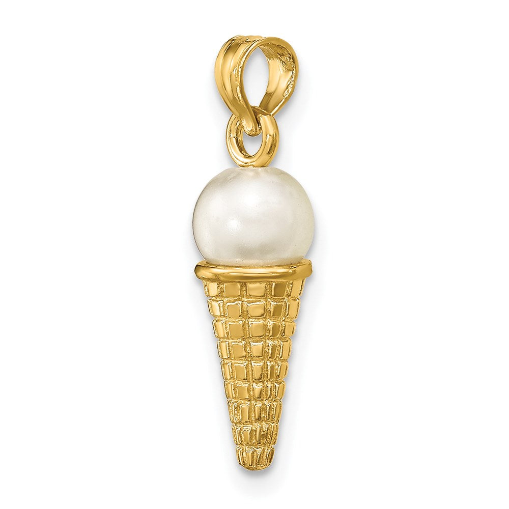 14K Satin Polished 3D  White Bead Ice Cream Cone Pendant