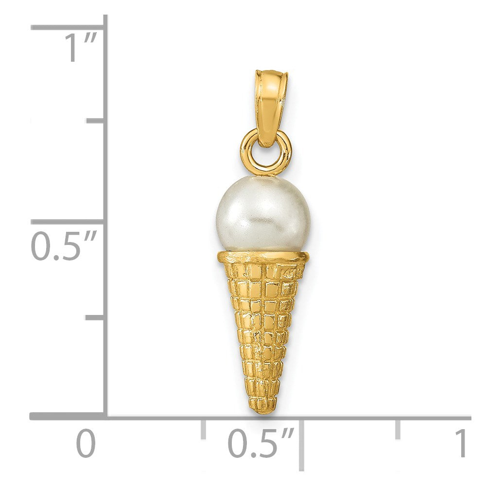 14K Satin Polished 3D  White Bead Ice Cream Cone Pendant