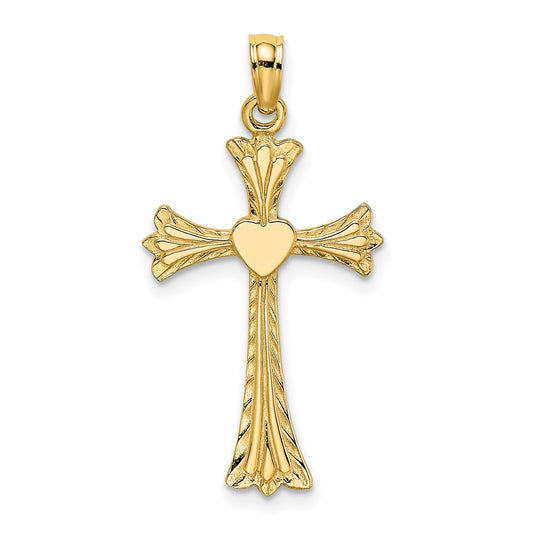 14K Polished and Engraved Cross W/ Heart Charm