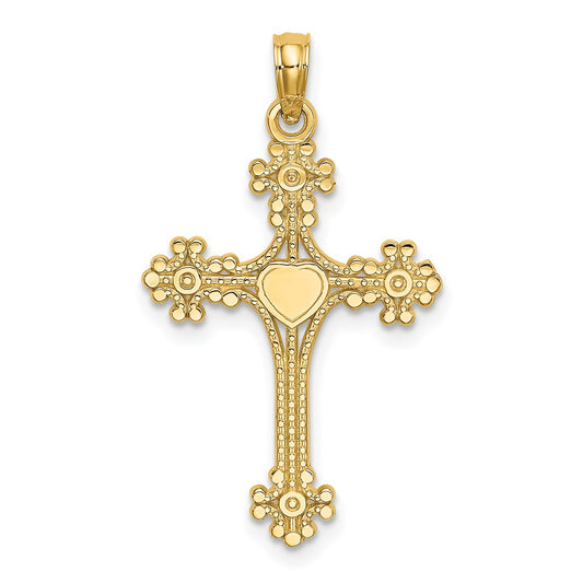 14K Beaded Tip Cross w/ Heart Center Charm