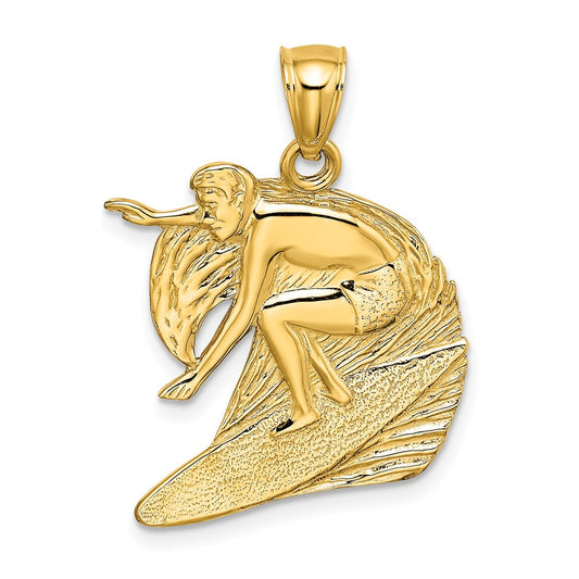 14K Polished and Textured Surfer and Wave Charm