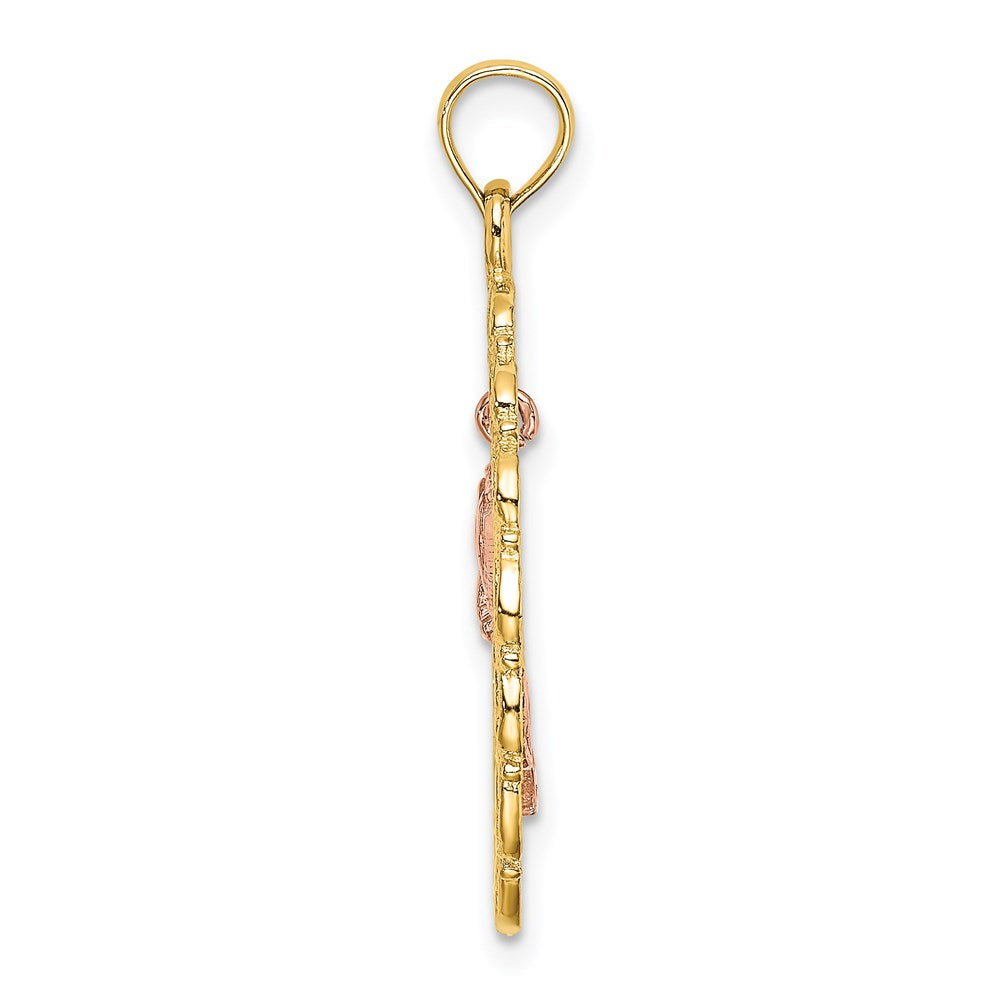 14k Two-Tone Textured Oval Frame Dangling Rose Charm