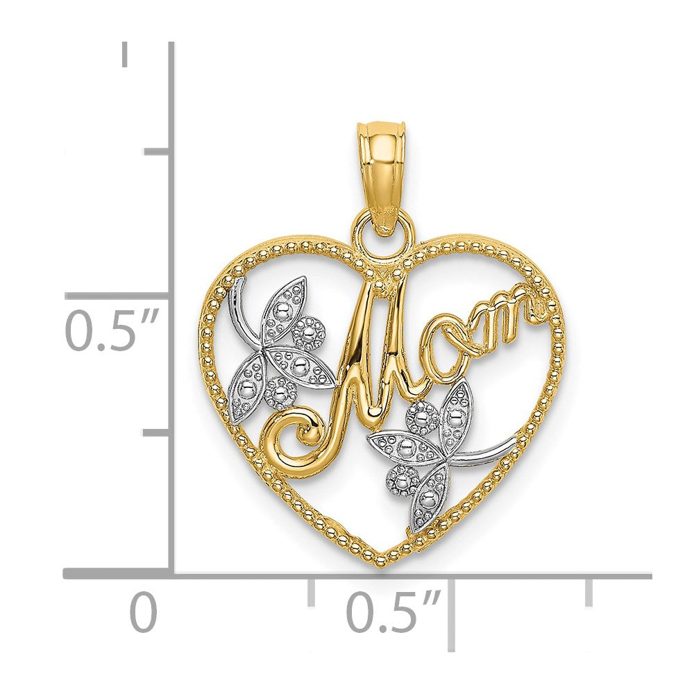 14k w/ Rhodium Textured Heart w/ MOM Charm
